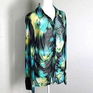 Future Collective Sheer Buttondown Blouse, Ruching Down the Center, Size Medium